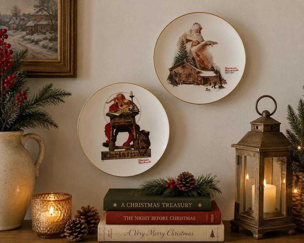 Vintage Norman Rockwell Christmas Plates Set, Gorham Fine China Santa Scenes